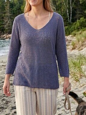 Coldwater Creek Coastal Blue Open Weave V Neck Sweater Sheer Womens Sz M (10-12)